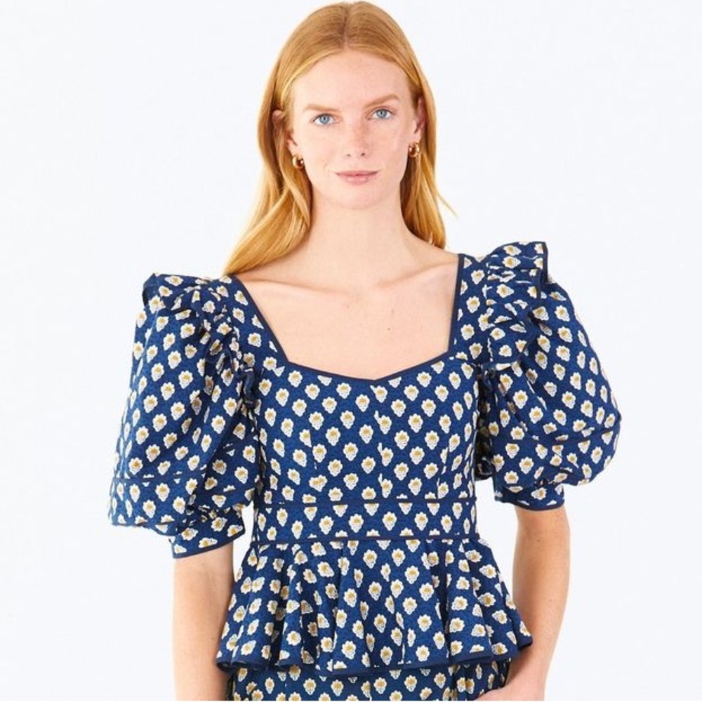 HUNTER BELL NYC Blayne Puff-sleeve Poplin Peplum Top, Autumn Bloom Blue, Size 12